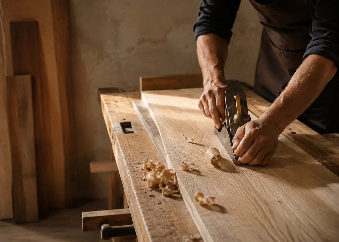 Mains d’un artisan travaillant une pièce de chêne dans son atelier