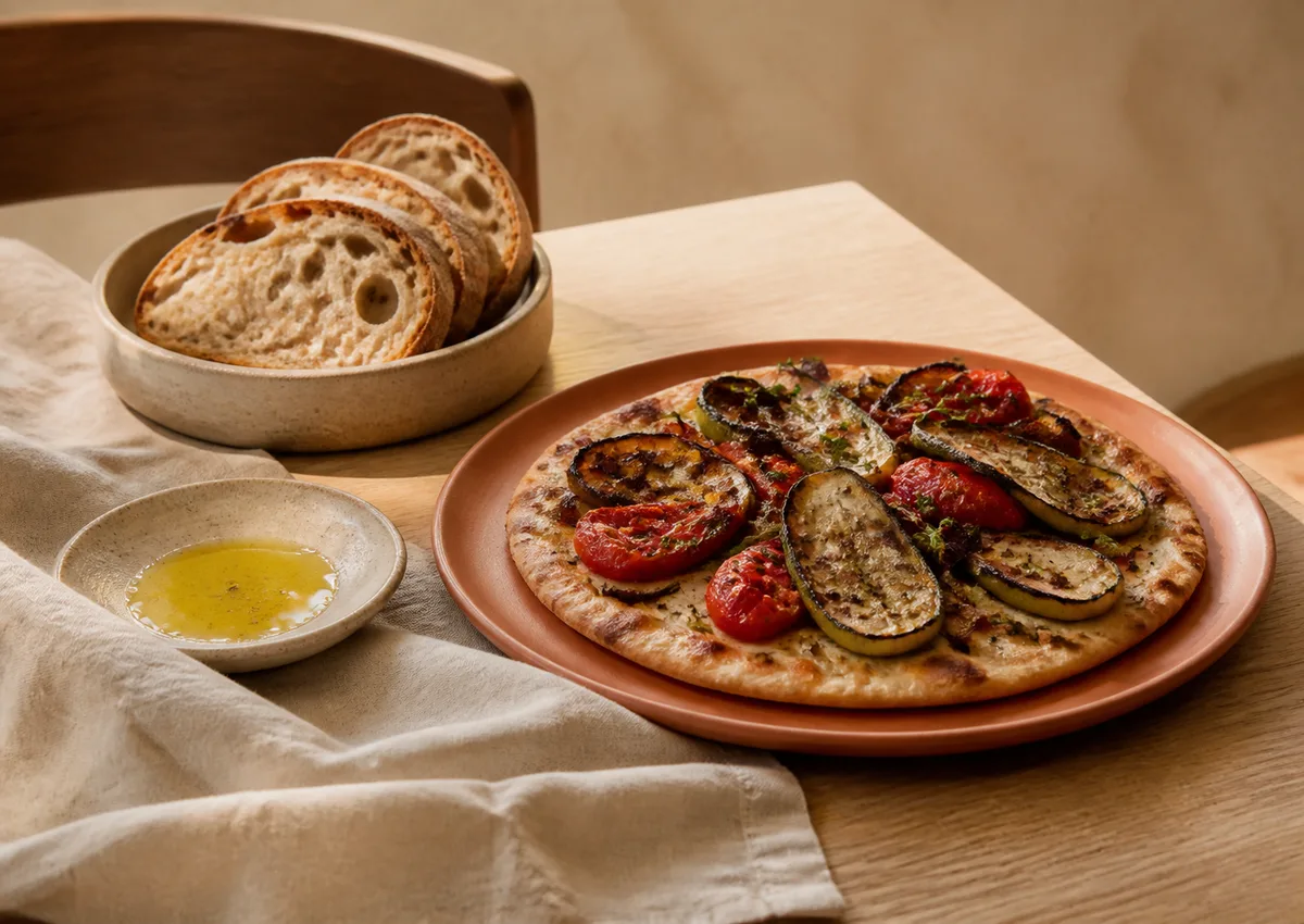 Pain au levain, pizza et légumes de saison